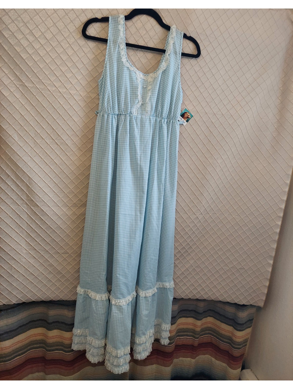 Women’s Blue/White Gingham Babydoll Dress Nightgown M Sleeveless Lace Ruffle